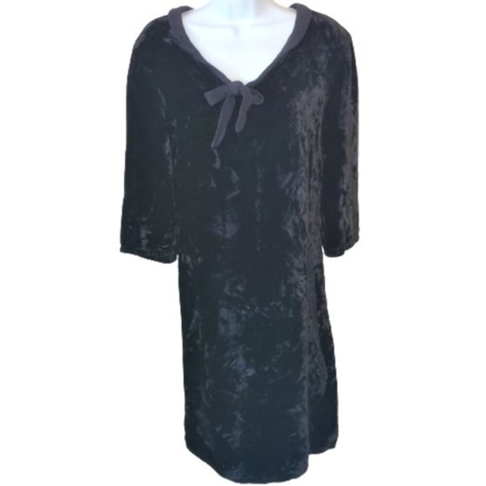 J. Jill Black Crushed Velvet 3/4 Sleeve Shift Dress Bow Neckline Midi Medium